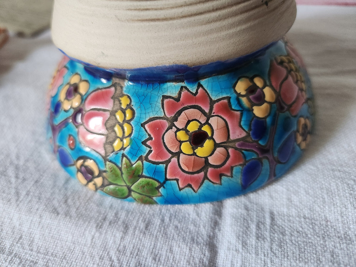 Antique Longwy Floral Enamel Match Striker Pot: French Barware