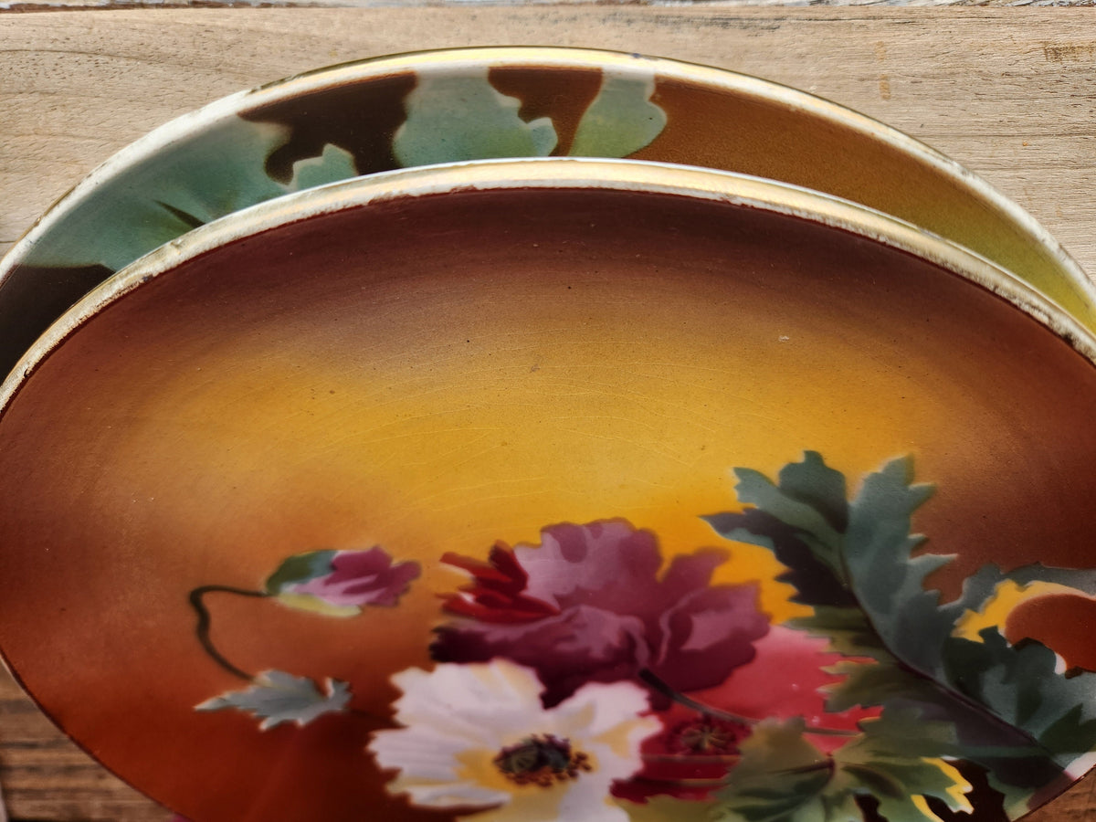 Set of two antique 1930s French floral ironstone decorative plates, 28cm diameter, Art Deco period