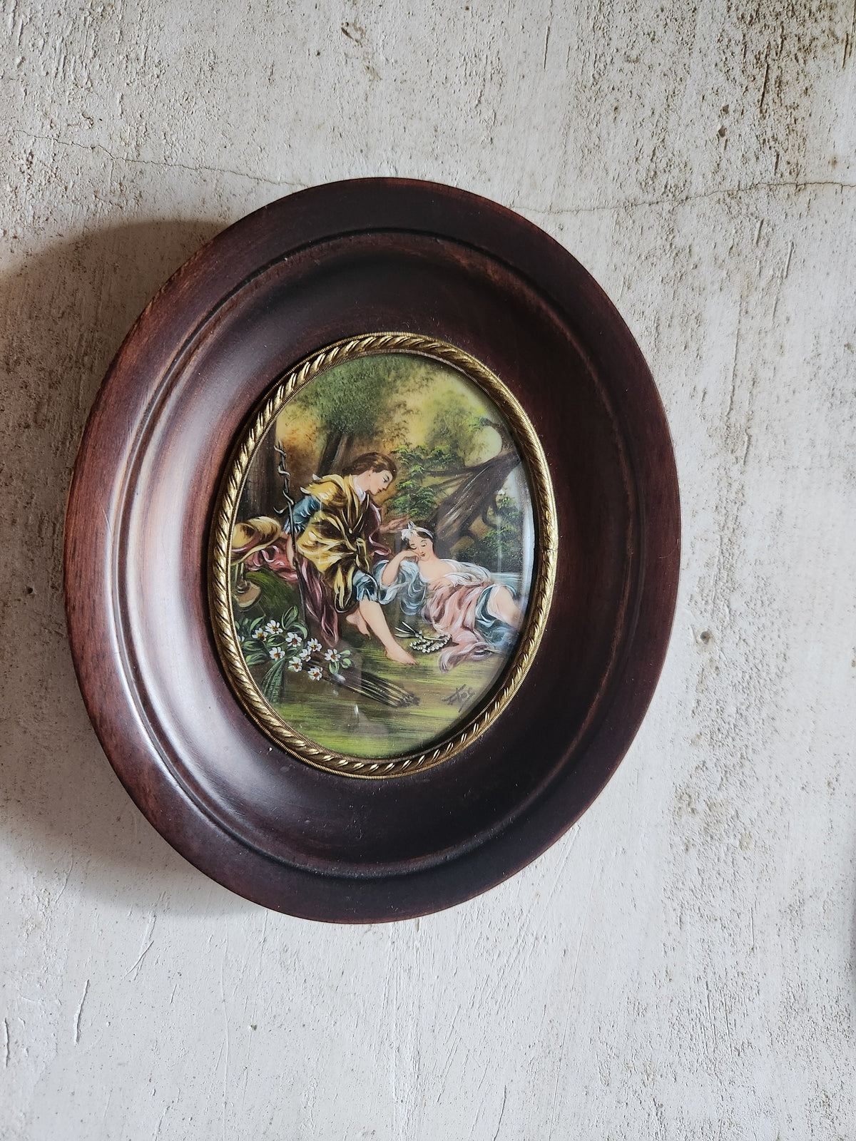 Antique Set of 2 Victorian 1900s Miniature Portrait Oval Paintings in Wood Frames Signed