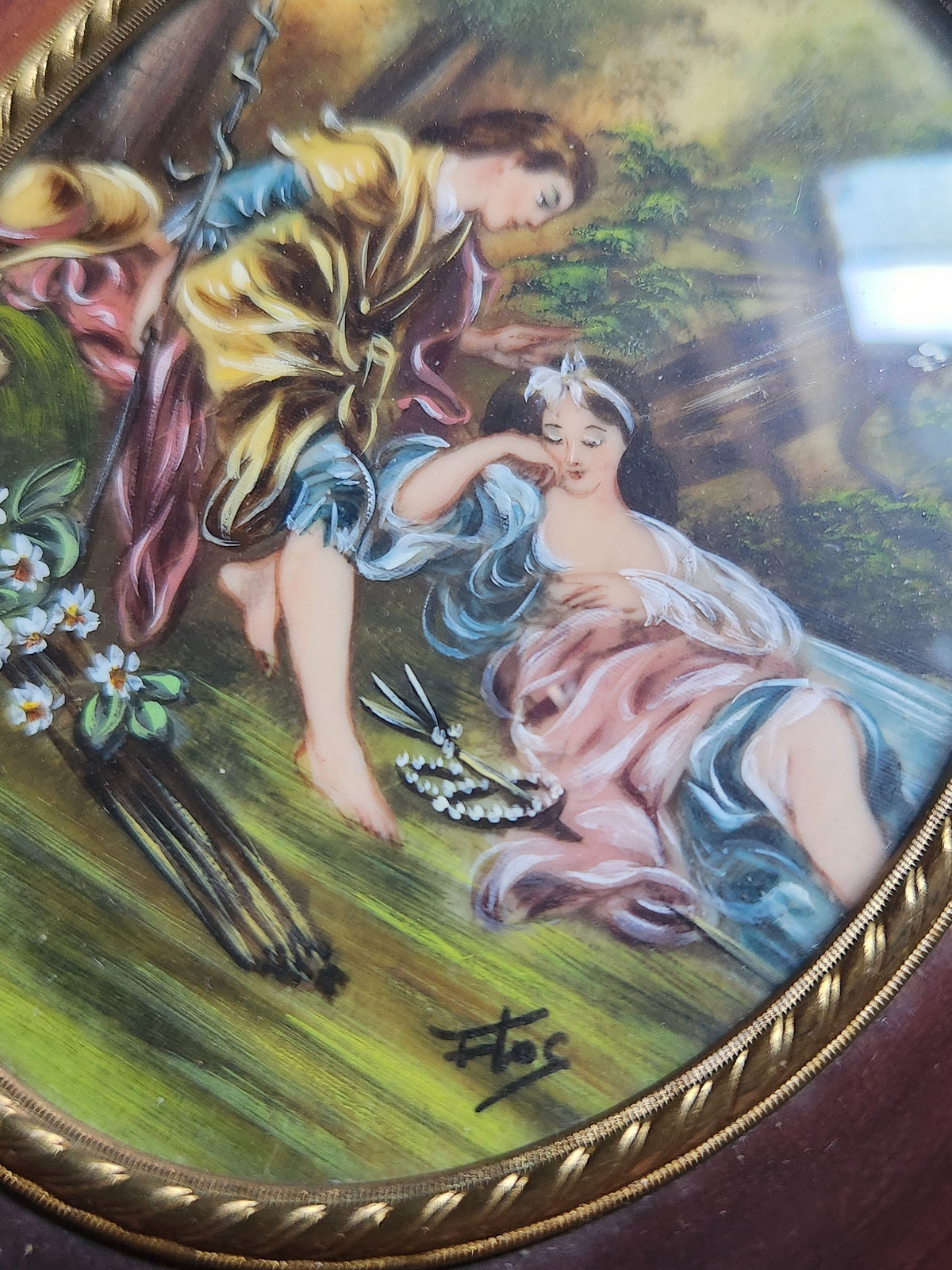 Antique Set of 2 Victorian 1900s Miniature Portrait Oval Paintings in Wood Frames Signed