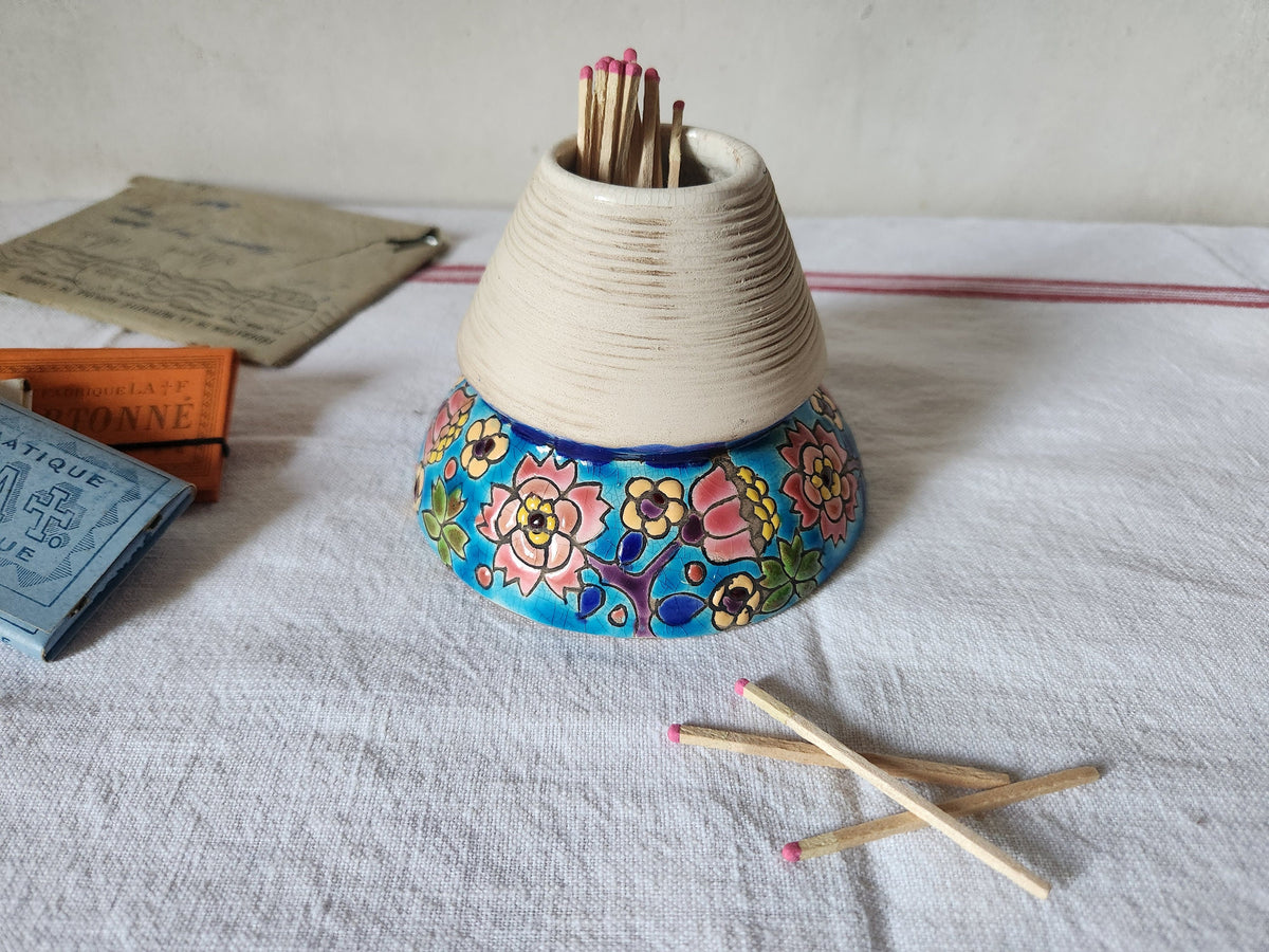 Antique Longwy Floral Enamel Match Striker Pot: French Barware