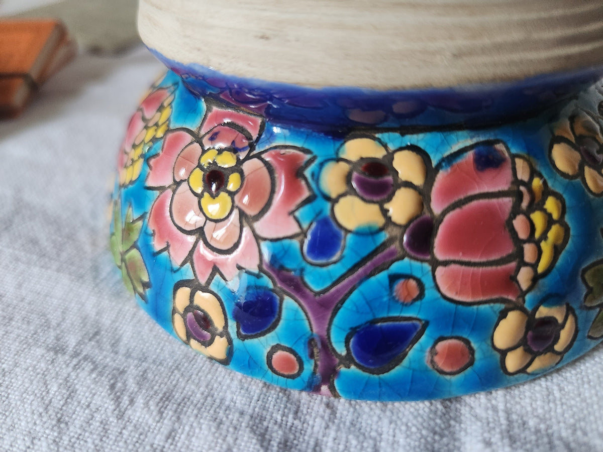 Antique Longwy Floral Enamel Match Striker Pot: French Barware