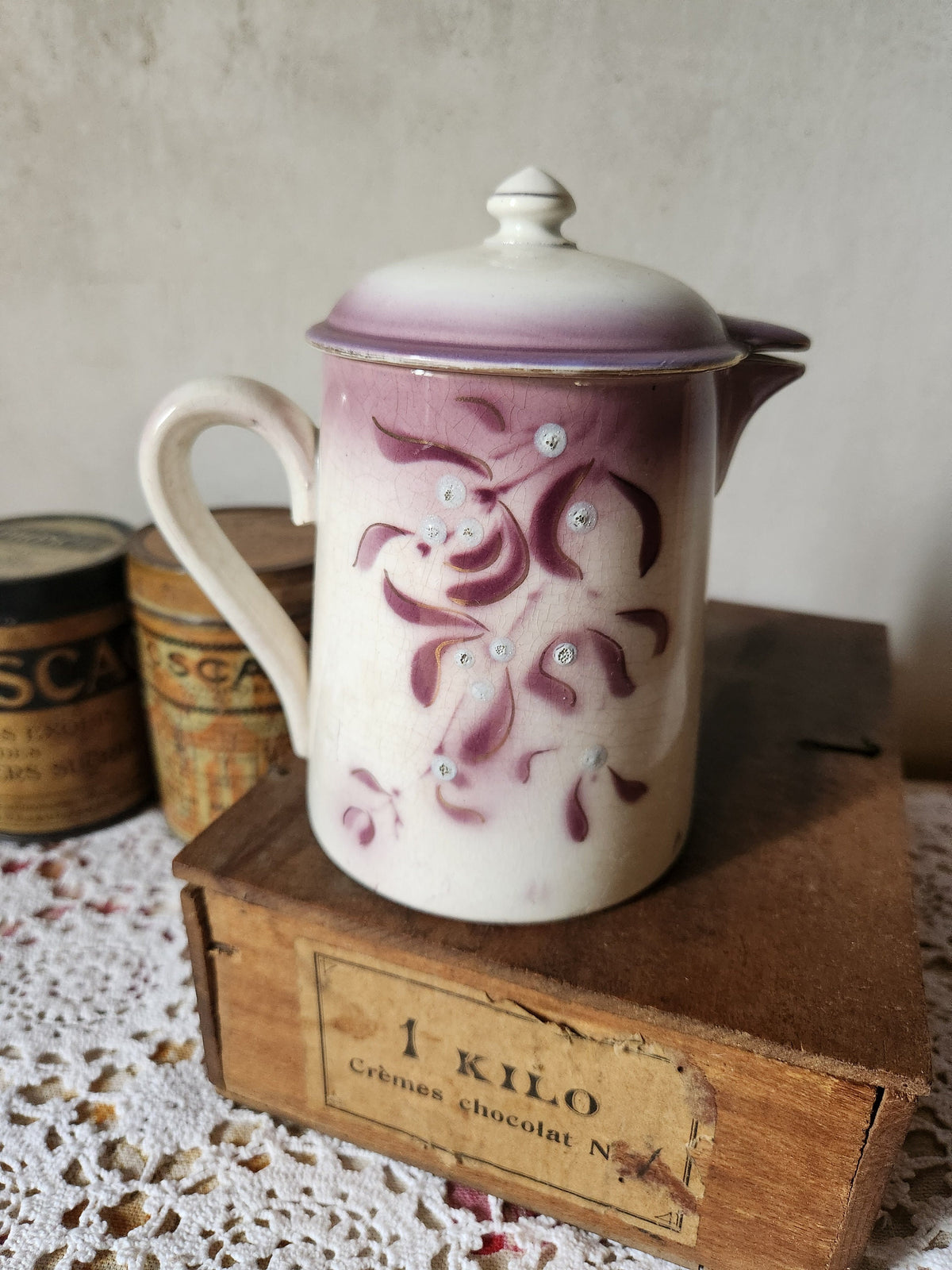 Antique Ironstone Jug: Digoin Sarreguemines, Mauve Mistletoe Design