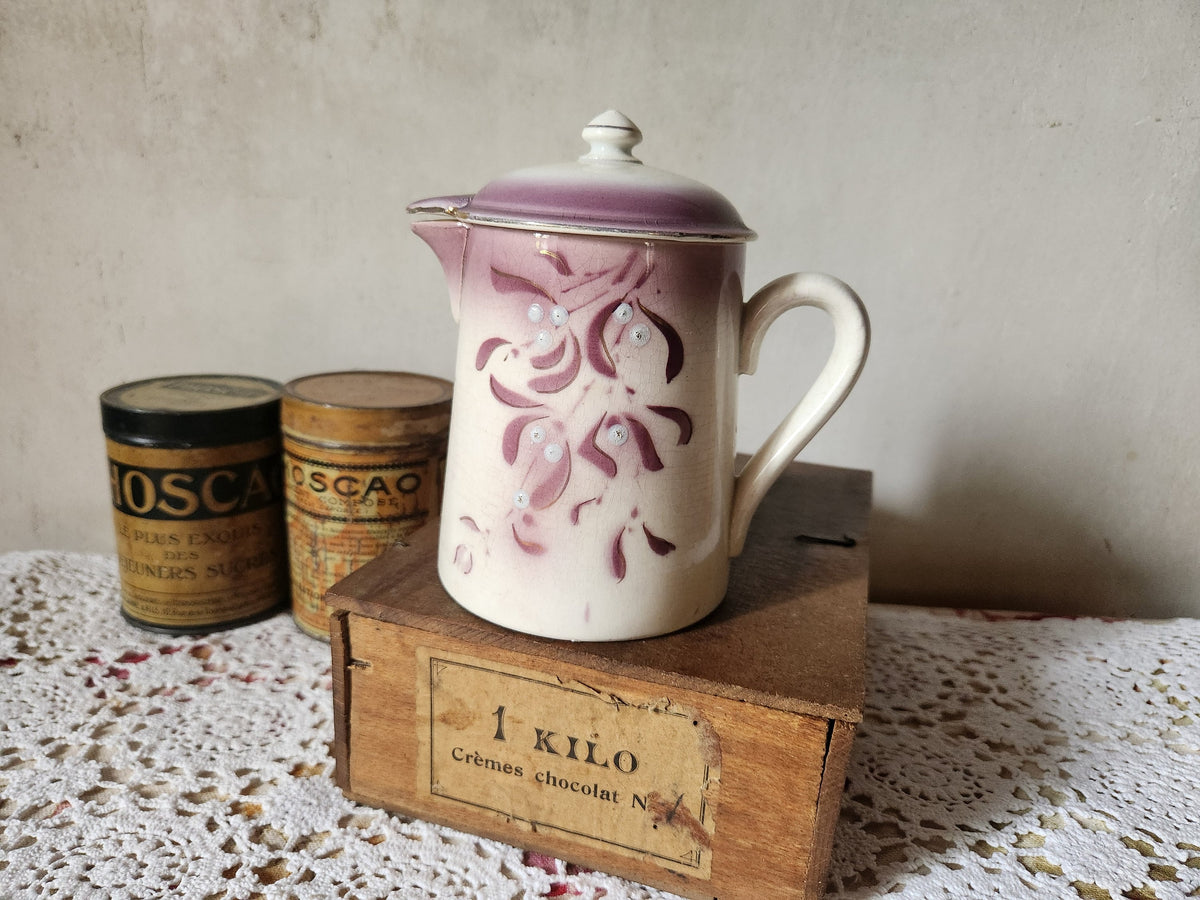 Antique Ironstone Jug: Digoin Sarreguemines, Mauve Mistletoe Design