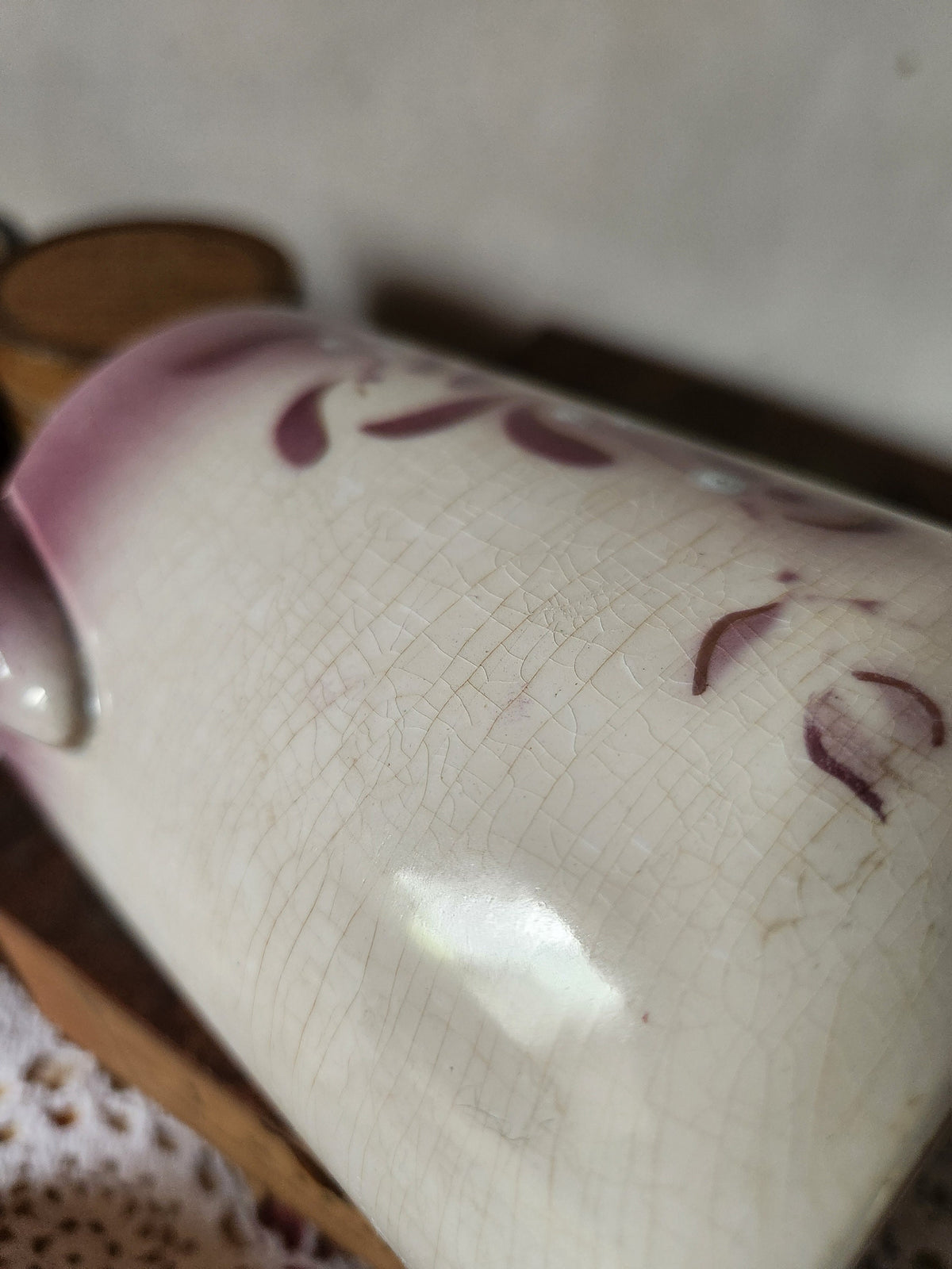 Antique Ironstone Jug: Digoin Sarreguemines, Mauve Mistletoe Design