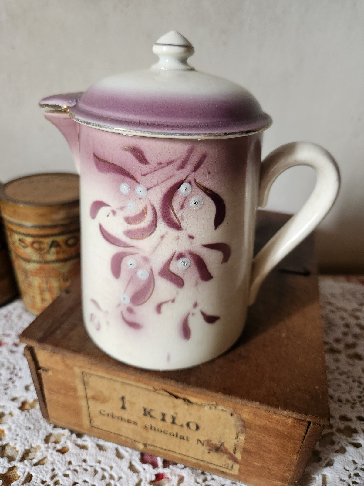 Antique Ironstone Jug: Digoin Sarreguemines, Mauve Mistletoe Design