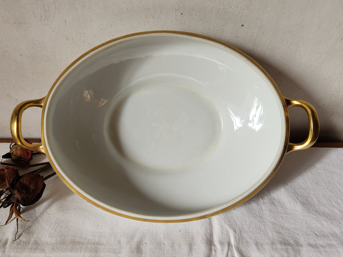 Antique Bernardaud Limoges Soup Tureen: 1920s French Porcelain, Gold Monogram
