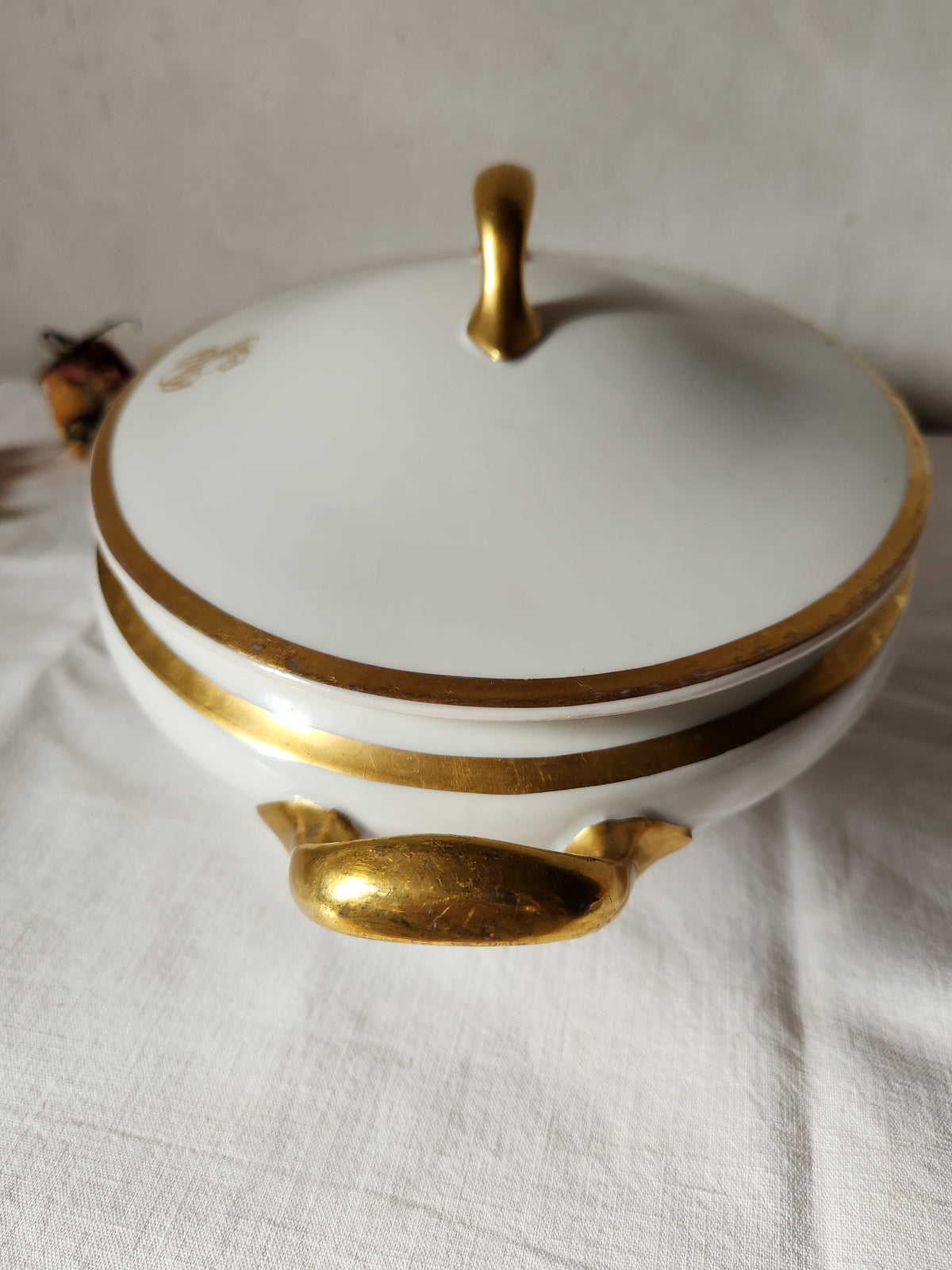 Antique Bernardaud Limoges Soup Tureen: 1920s French Porcelain, Gold Monogram