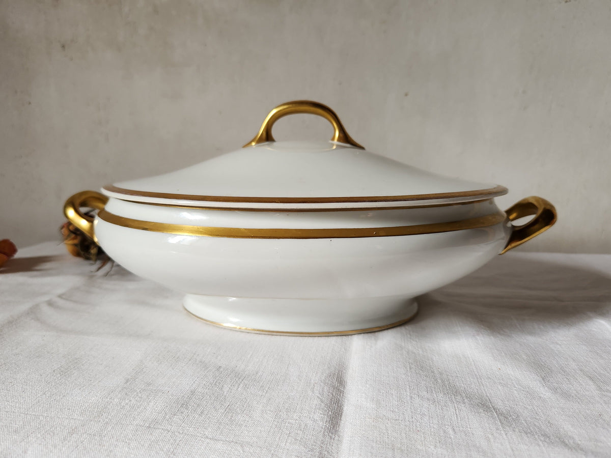Antique Bernardaud Limoges Soup Tureen: 1920s French Porcelain, Gold Monogram