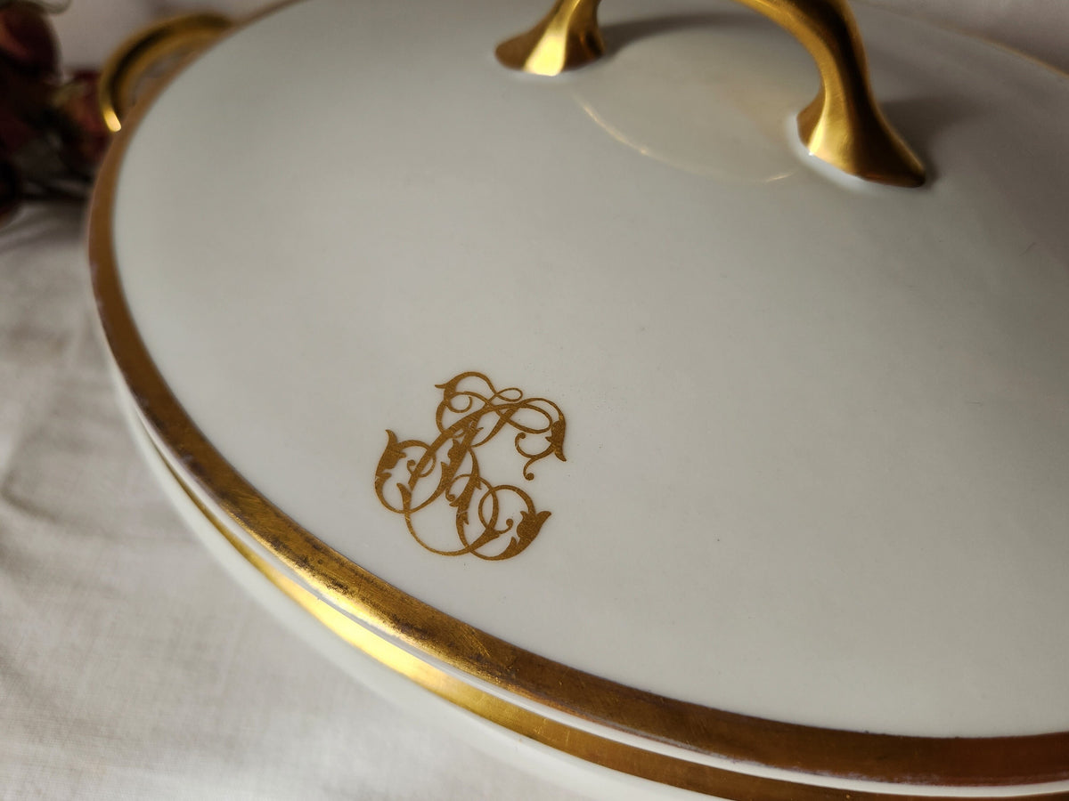 Antique Bernardaud Limoges Soup Tureen: 1920s French Porcelain, Gold Monogram