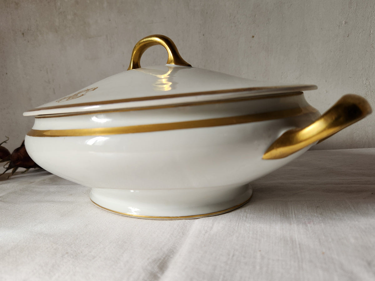 Antique Bernardaud Limoges Soup Tureen: 1920s French Porcelain, Gold Monogram