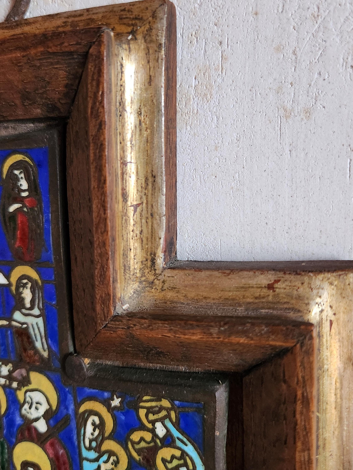Vintage Life Of Christ Colourful Enamel Art Wall Hanging Cross Framed in Wood