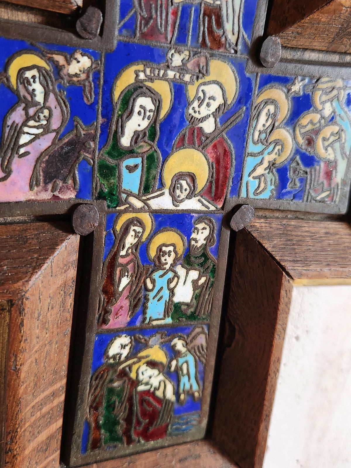 Vintage Life Of Christ Colourful Enamel Art Wall Hanging Cross Framed in Wood