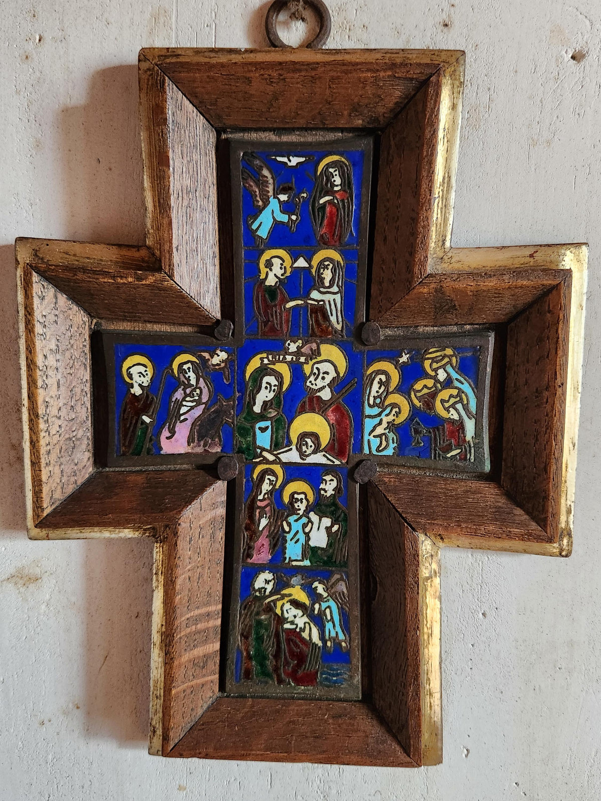 Vintage Life Of Christ Colourful Enamel Art Wall Hanging Cross Framed in Wood