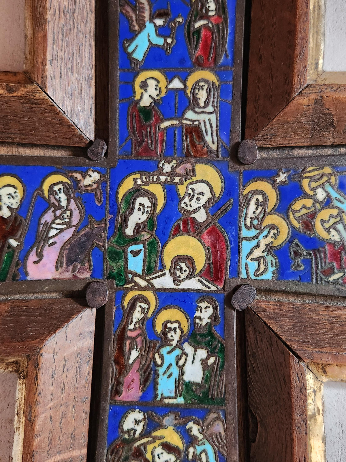 Vintage Life Of Christ Colourful Enamel Art Wall Hanging Cross Framed in Wood