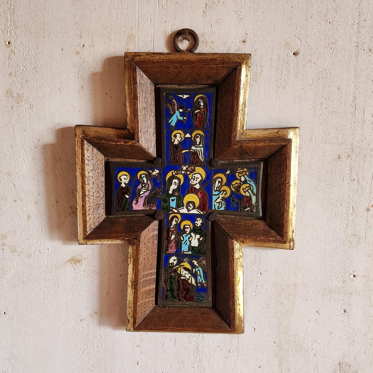 Vintage Life Of Christ Colourful Enamel Art Wall Hanging Cross Framed in Wood
