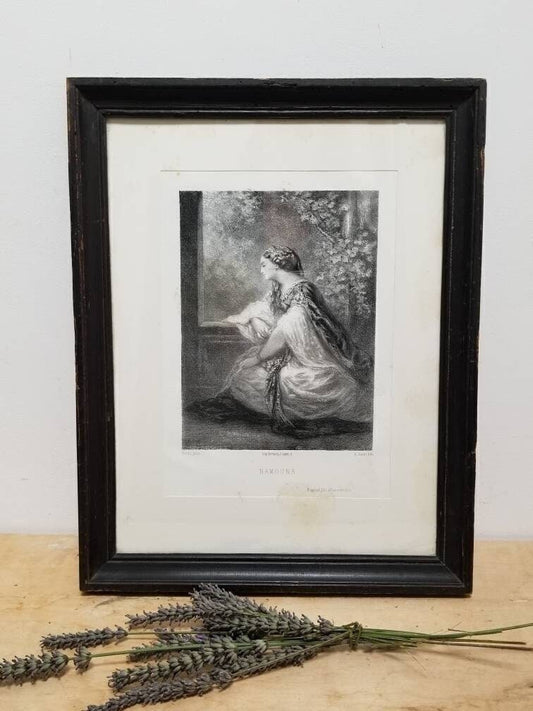 Antique 1800s Namouna Lithograph Print By A Jorel In a Black Wood Frame