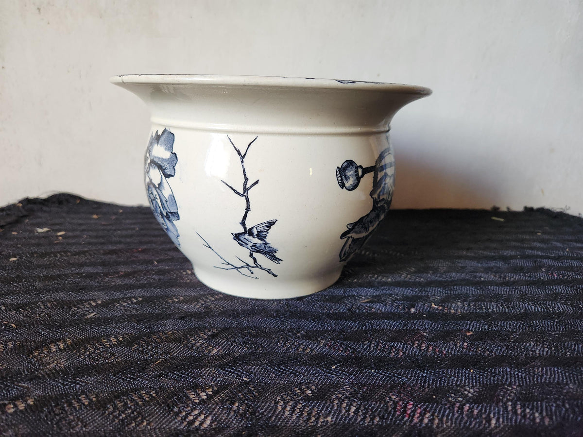 Antique French 1800s HB & Cie Ironstone Chamber Pot: Oxford Black Transferware Bird Planter