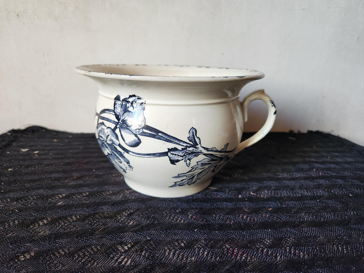 Antique French 1800s HB & Cie Ironstone Chamber Pot: Oxford Black Transferware Bird Planter