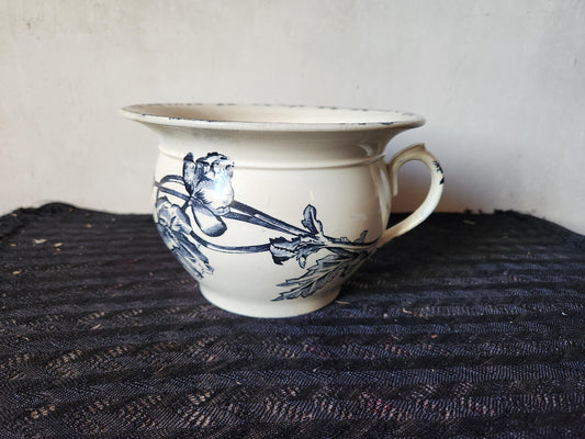 Antique French 1800s HB & Cie Ironstone Chamber Pot: Oxford Black Transferware Bird Planter
