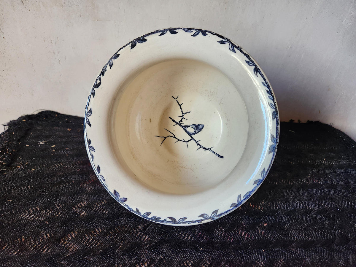 Antique French 1800s HB & Cie Ironstone Chamber Pot: Oxford Black Transferware Bird Planter