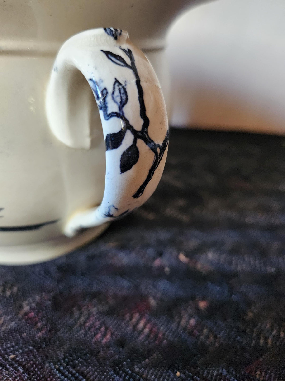 Antique French 1800s HB & Cie Ironstone Chamber Pot: Oxford Black Transferware Bird Planter