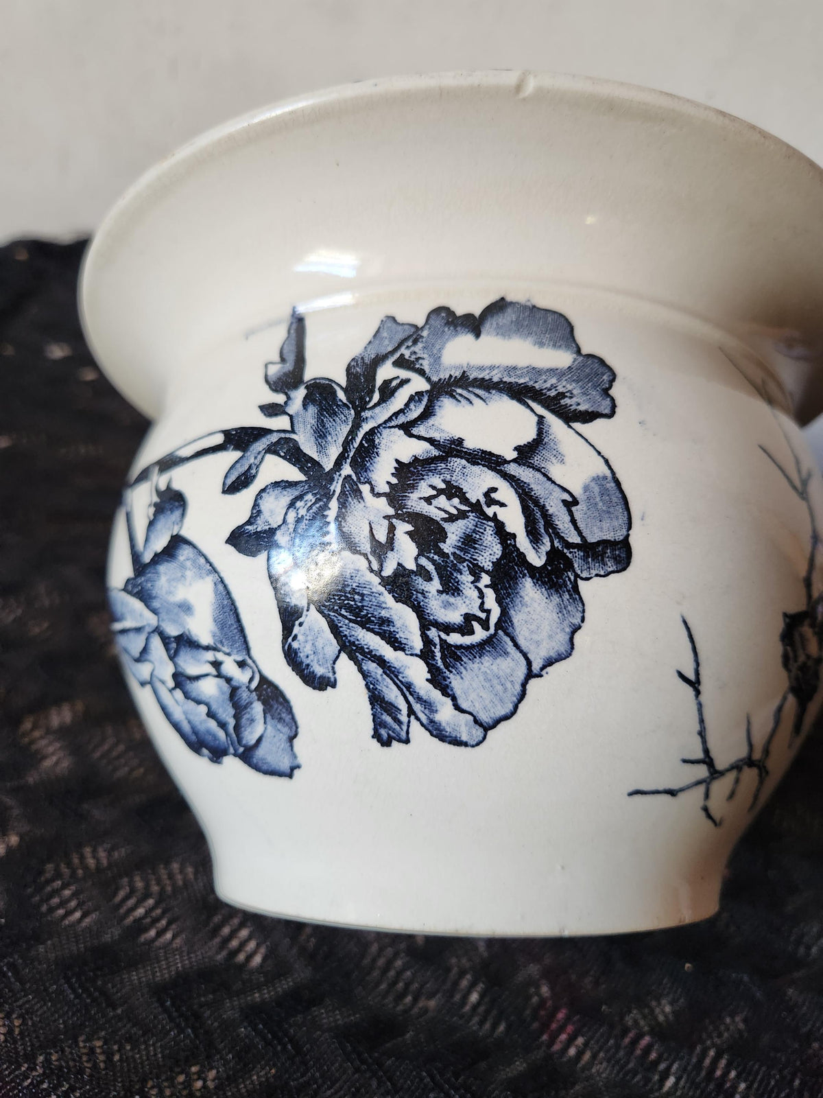 Antique French 1800s HB & Cie Ironstone Chamber Pot: Oxford Black Transferware Bird Planter