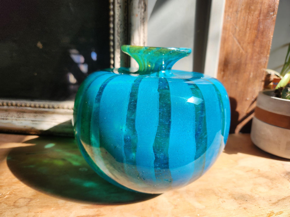 Vintage Mdina Glass Vase: 1976 Blue & Yellow Swirl, Hand Blown