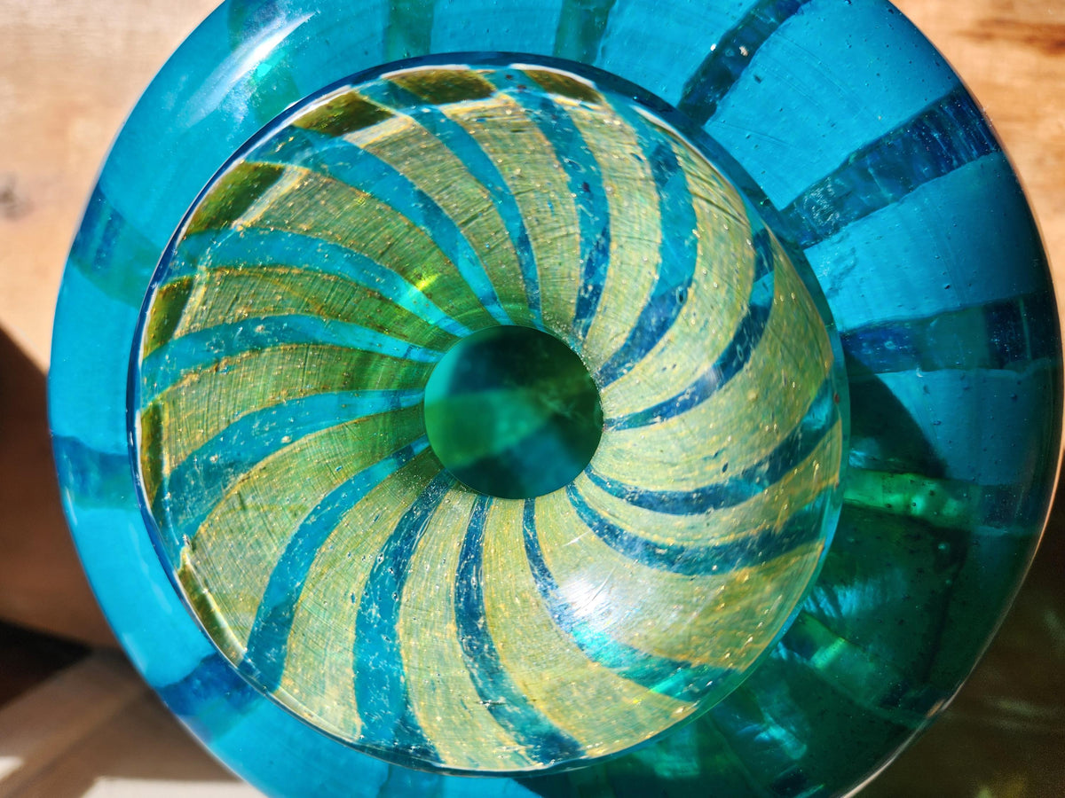 Vintage Mdina Glass Vase: 1976 Blue & Yellow Swirl, Hand Blown