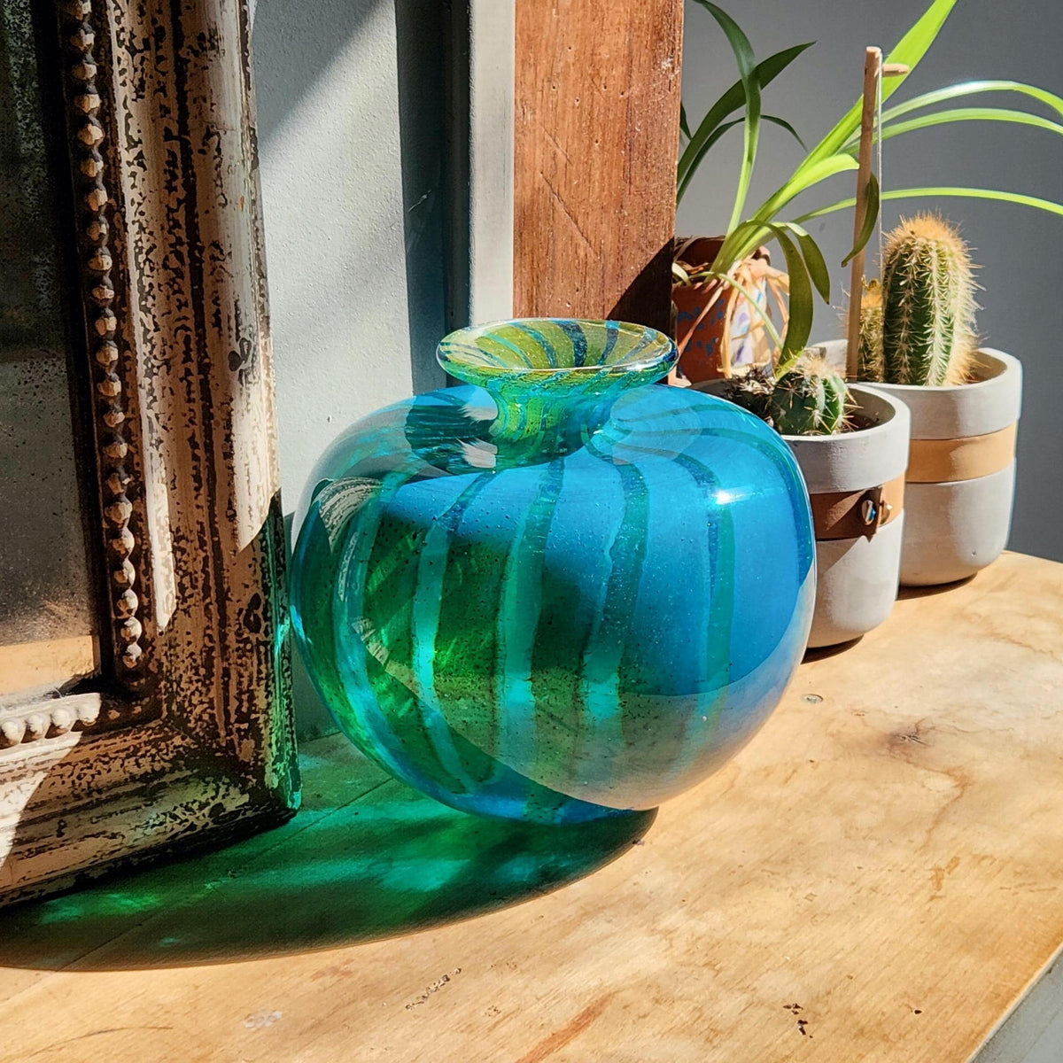 Vintage Mdina Glass Vase: 1976 Blue & Yellow Swirl, Hand Blown
