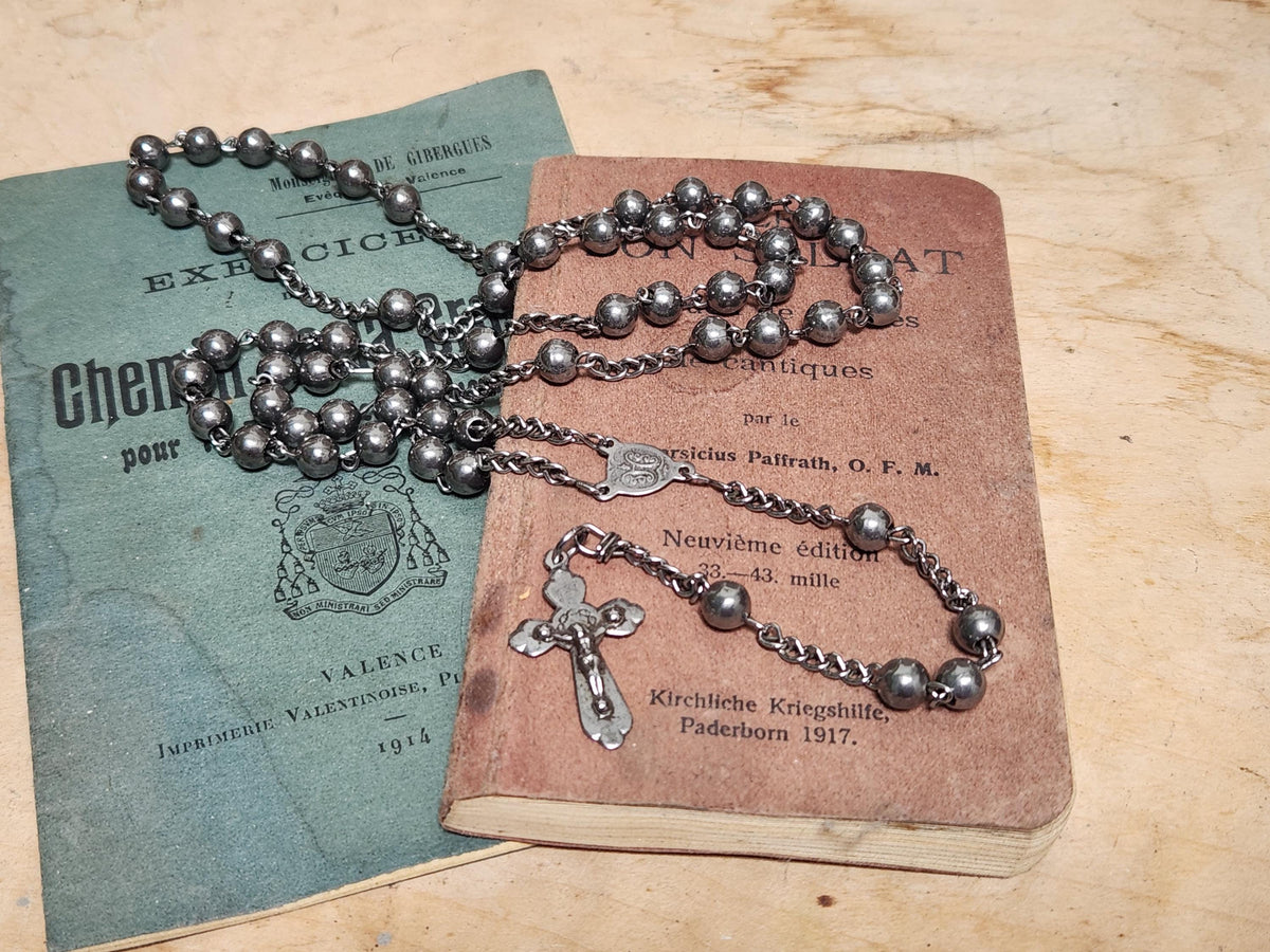 Vintage French Lourdes Rosary: Silver Metal Beads, Souvenir