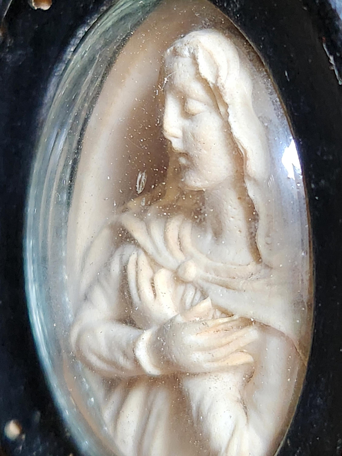 Antique Napoleon III Meerschaum Carvings: Jesus & Madonna Ebony Frames