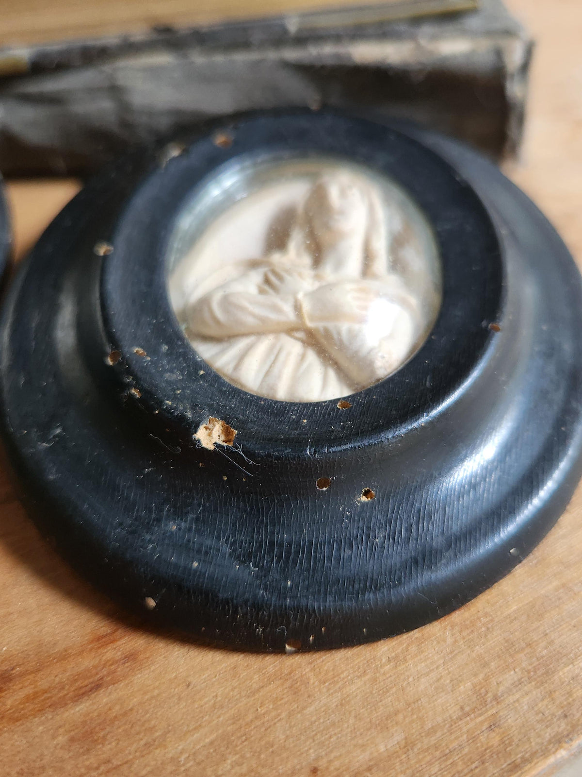 Antique Napoleon III Meerschaum Carvings: Jesus & Madonna Ebony Frames