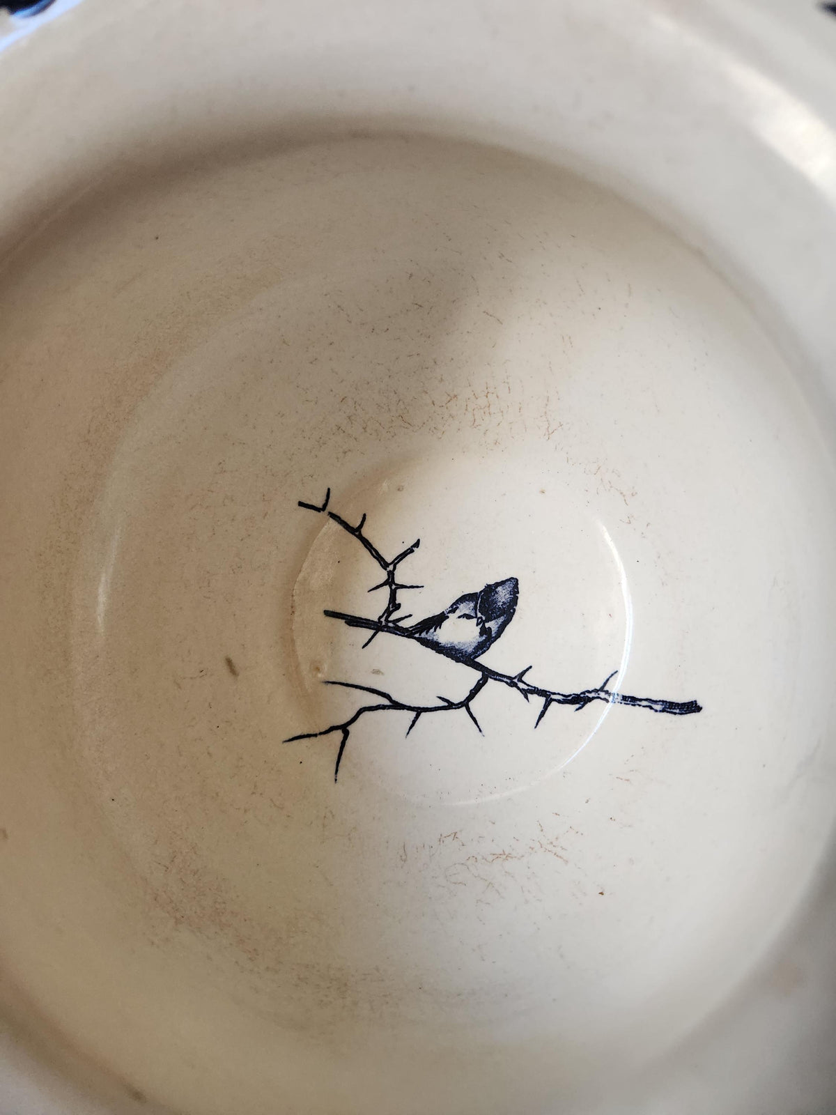 Antique French 1800s HB & Cie Ironstone Chamber Pot: Oxford Black Transferware Bird Planter
