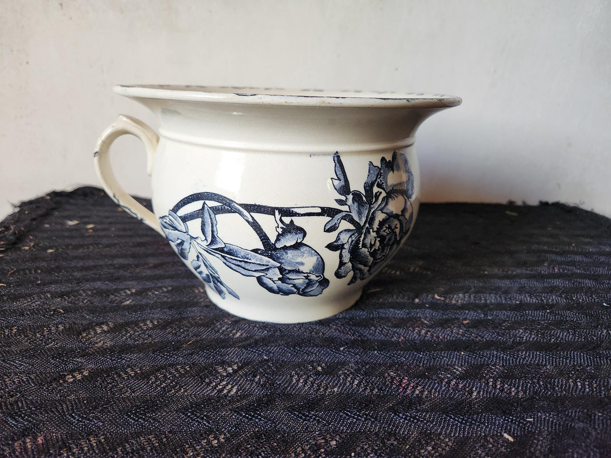 Antique French 1800s HB & Cie Ironstone Chamber Pot: Oxford Black Transferware Bird Planter