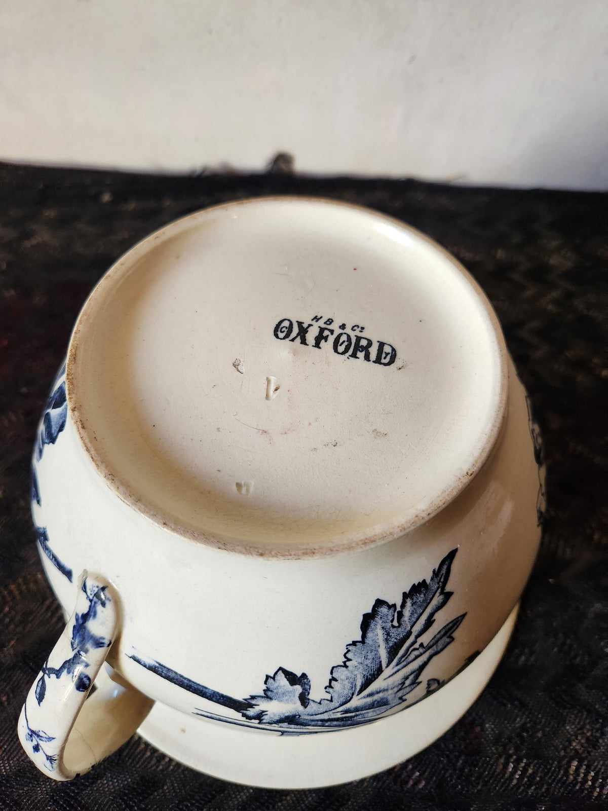 Antique French 1800s HB & Cie Ironstone Chamber Pot: Oxford Black Transferware Bird Planter
