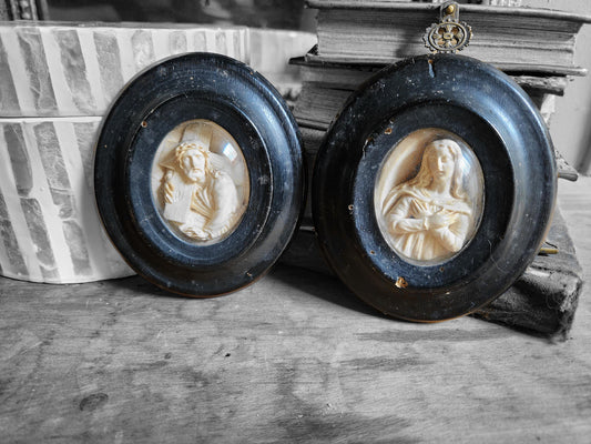 Antique Napoleon III Meerschaum Carvings: Jesus & Madonna Ebony Frames