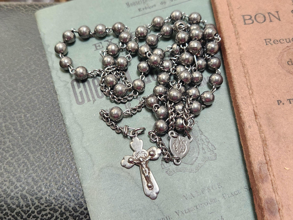 Vintage French Lourdes Rosary: Silver Metal Beads, Souvenir