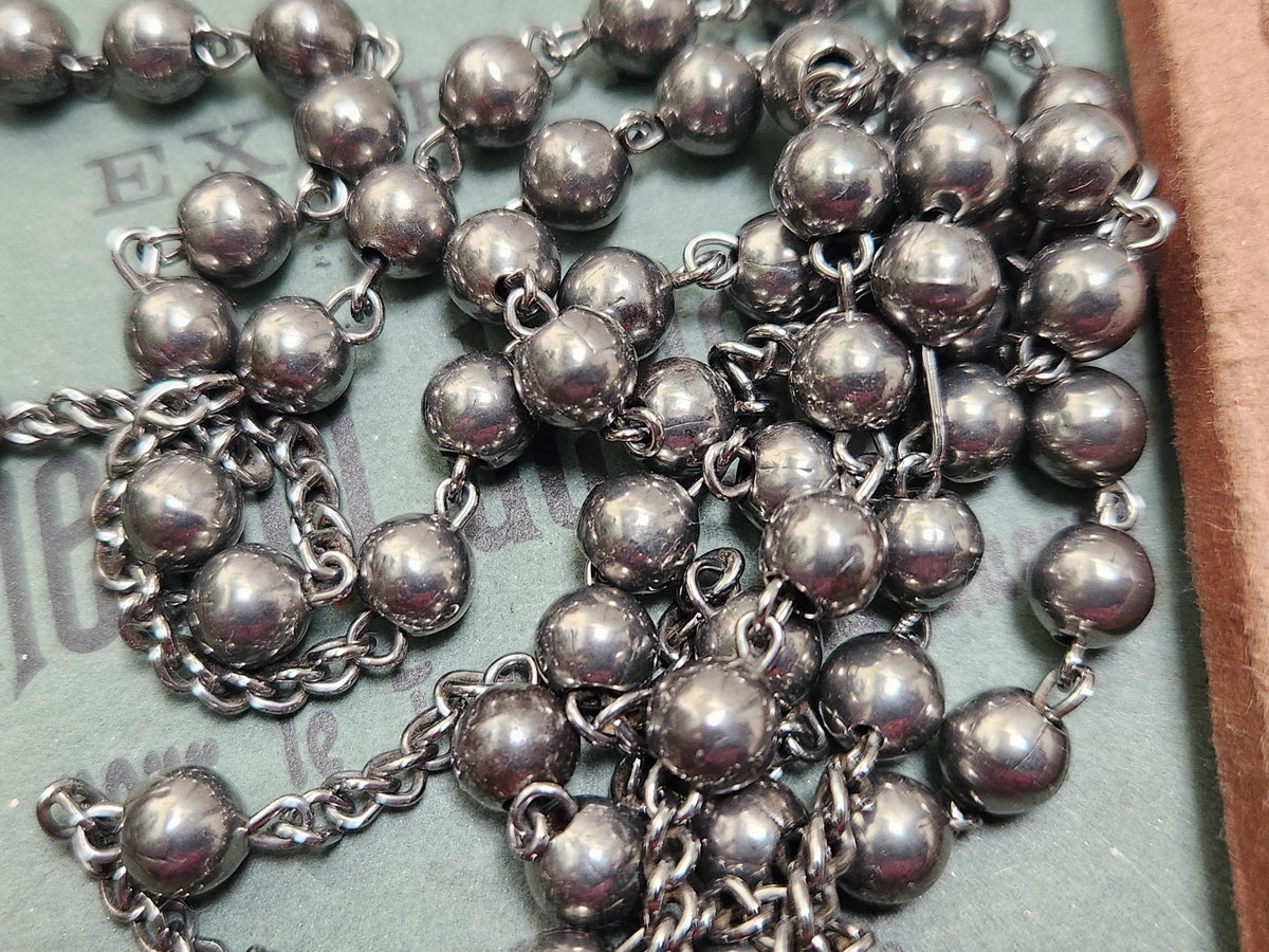 Vintage French Lourdes Rosary: Silver Metal Beads, Souvenir