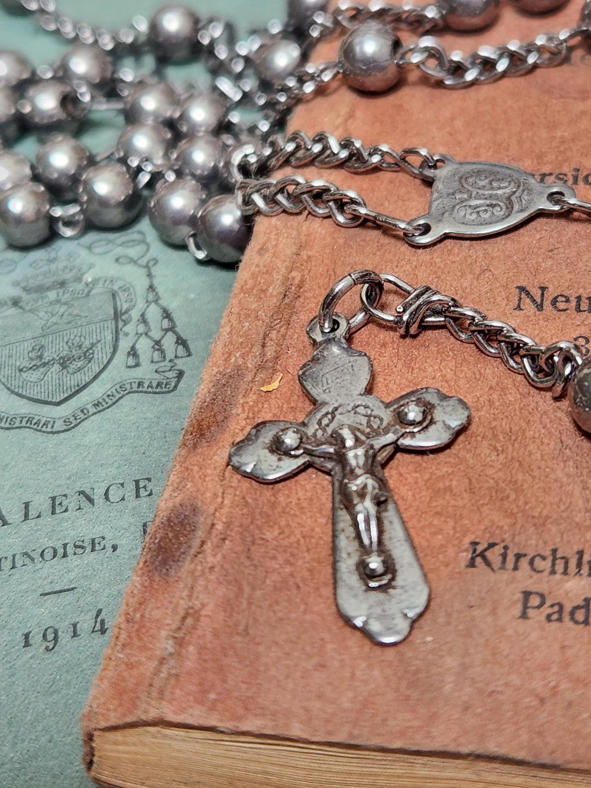 Vintage French Lourdes Rosary: Silver Metal Beads, Souvenir