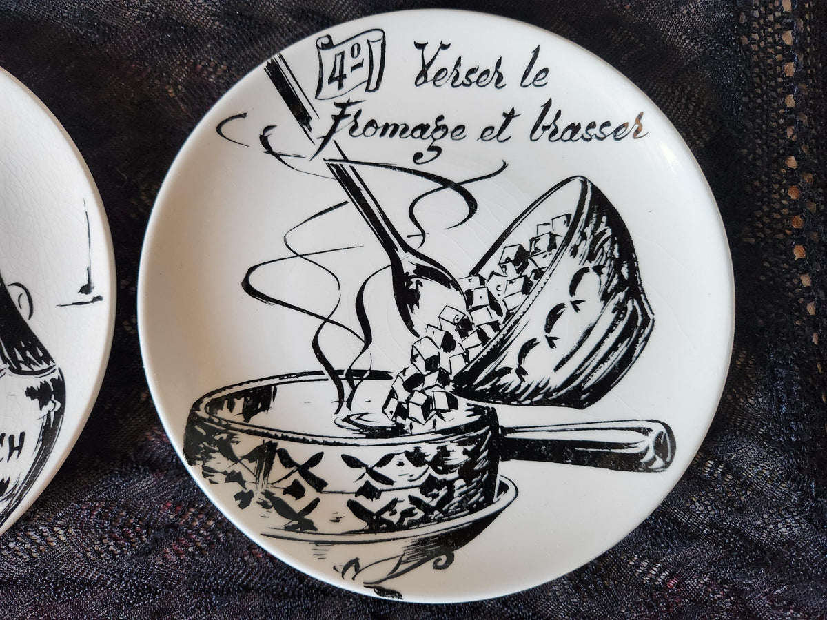 Vintage French GIEN Fondue Plates: Savoyard Recipes, Camembert Style Box 9-Piece Set