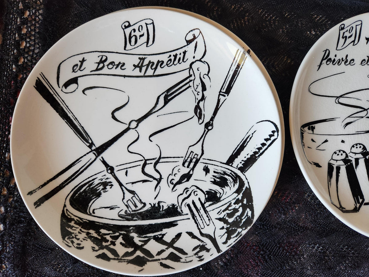 Vintage French GIEN Fondue Plates: Savoyard Recipes, Camembert Style Box 9-Piece Set