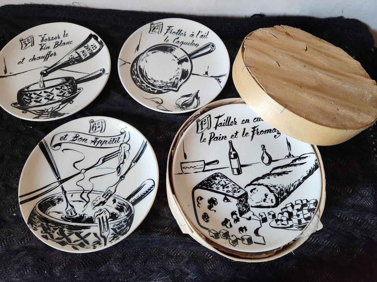 Vintage French GIEN Fondue Plates: Savoyard Recipes, Camembert Style Box 9-Piece Set