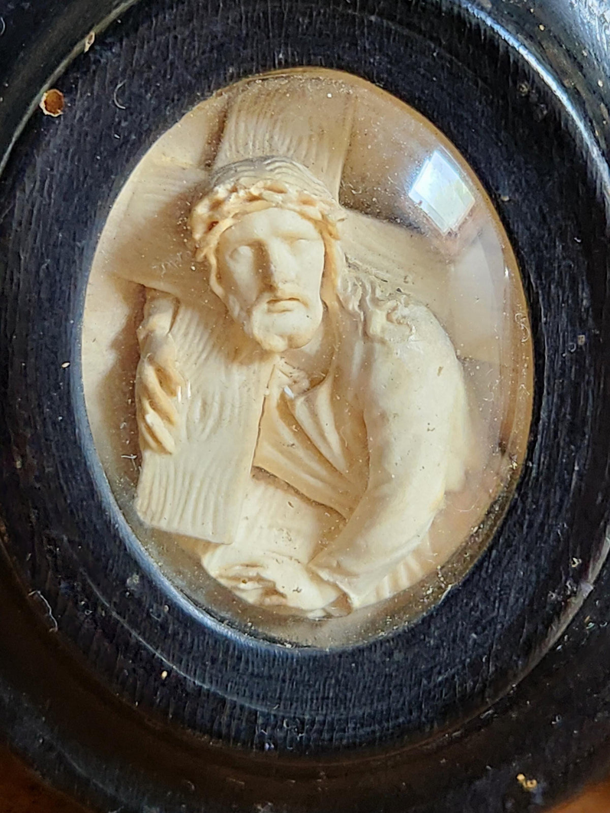 Antique Napoleon III Meerschaum Carvings: Jesus & Madonna Ebony Frames
