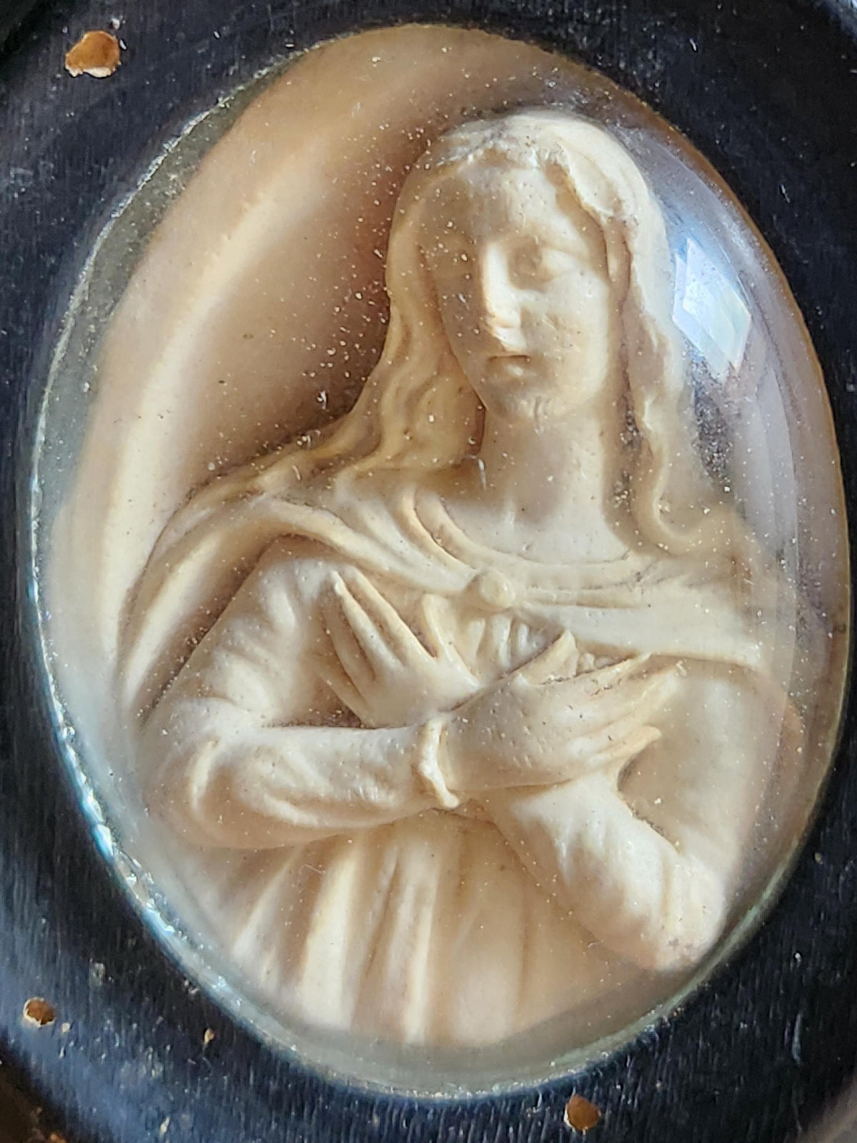 Antique Napoleon III Meerschaum Carvings: Jesus & Madonna Ebony Frames