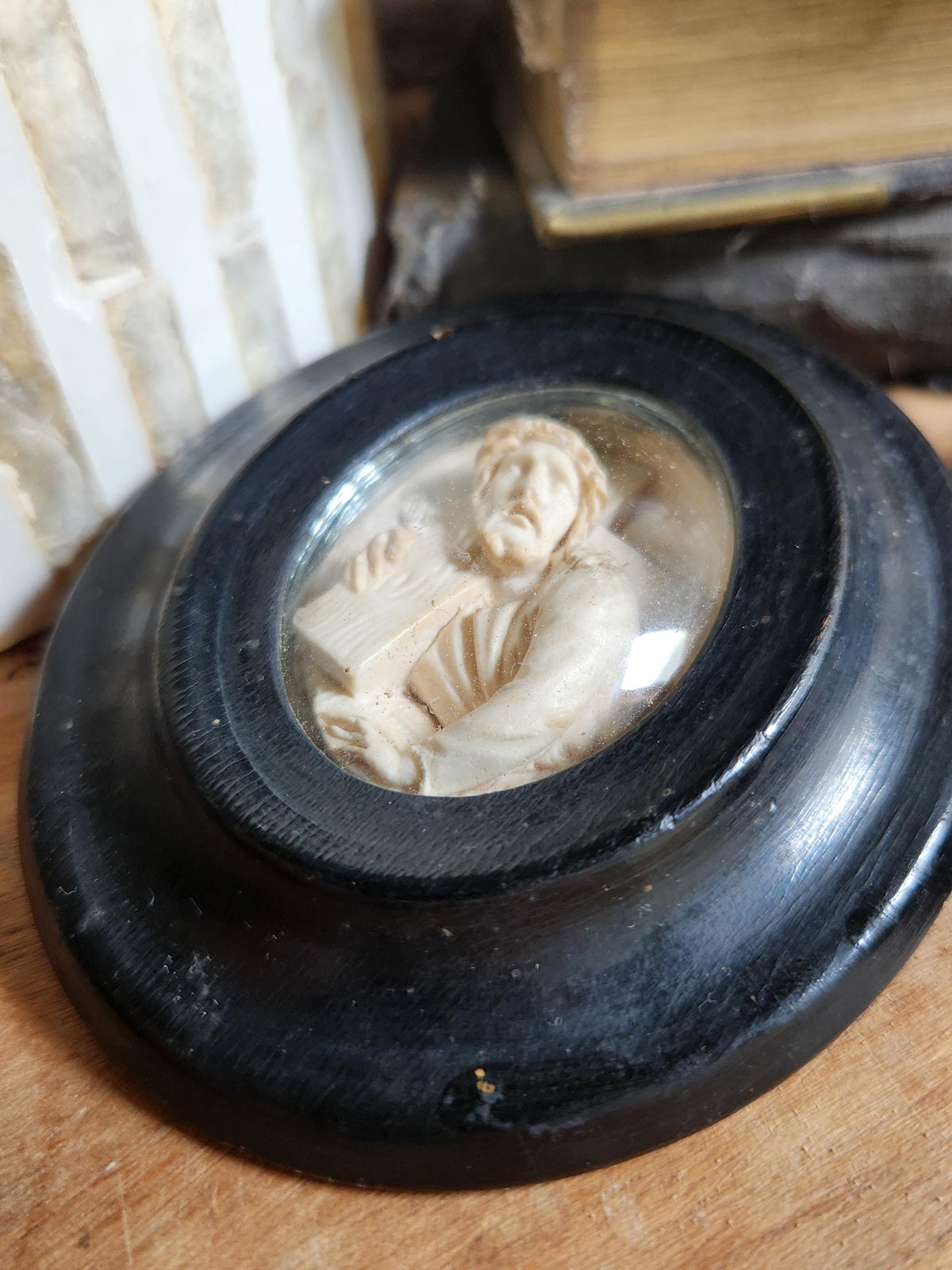 Antique Napoleon III Meerschaum Carvings: Jesus & Madonna Ebony Frames