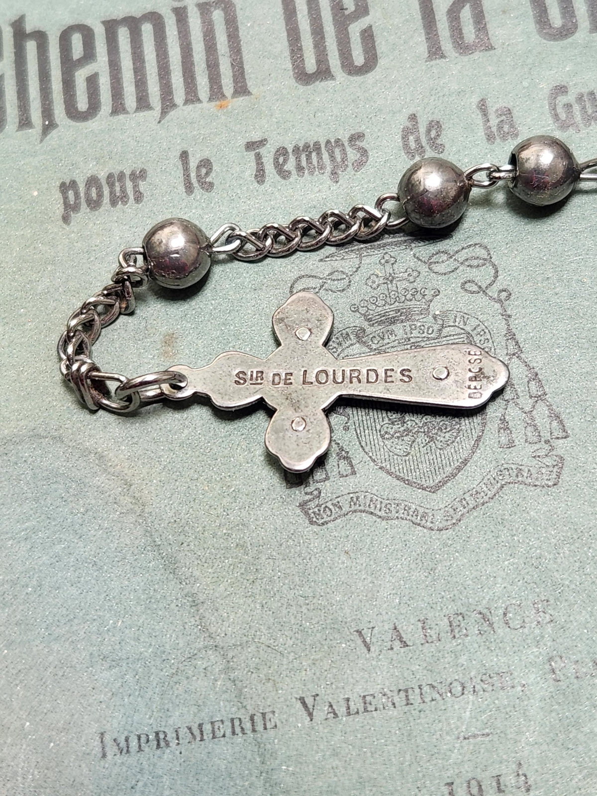 Vintage French Lourdes Rosary: Silver Metal Beads, Souvenir