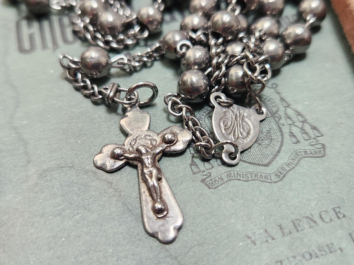 Vintage French Lourdes Rosary: Silver Metal Beads, Souvenir