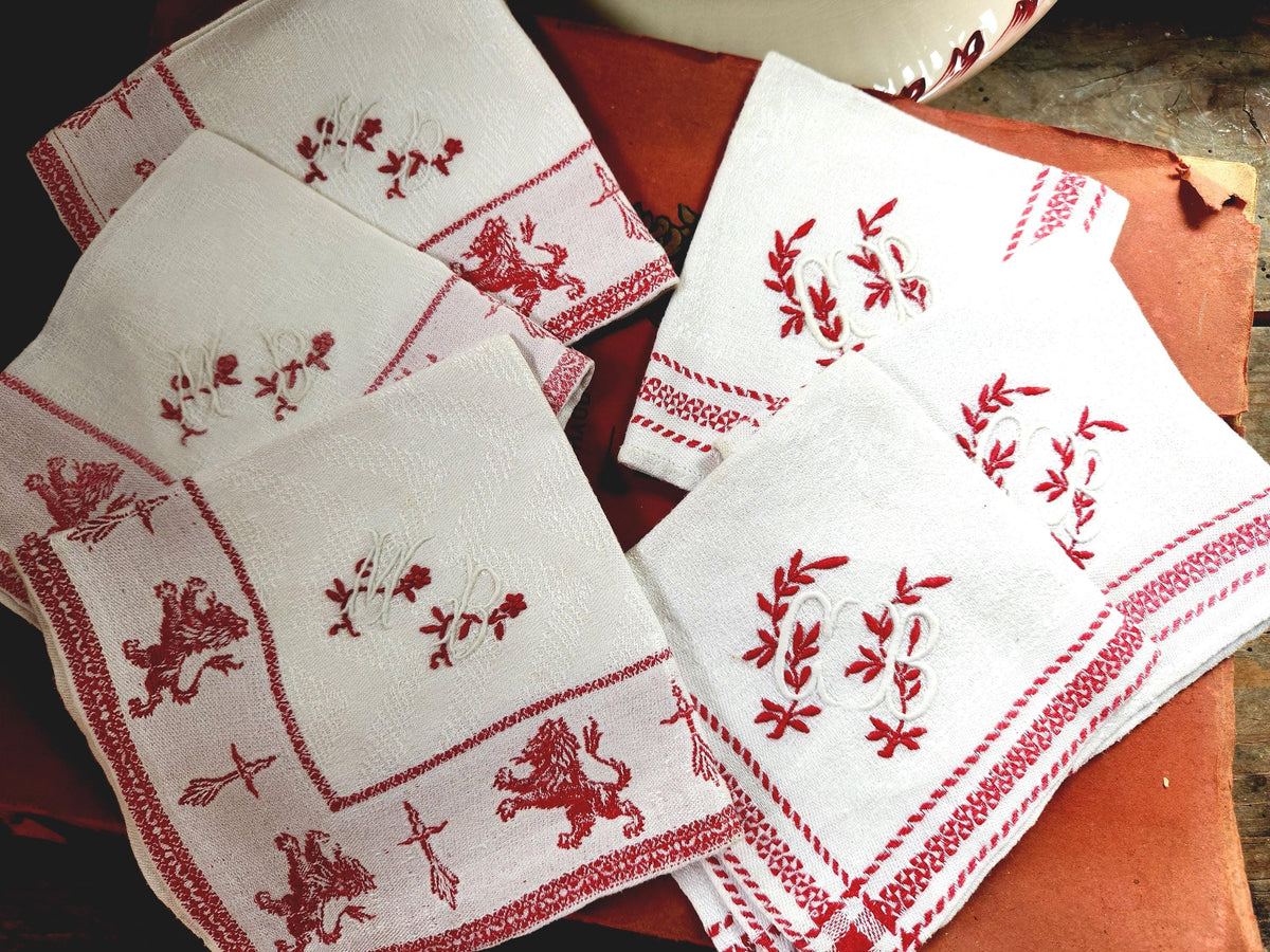 Antique French 6x Monogrammed MB & CB Cotton Table Napkins Red Embroidery Stitching