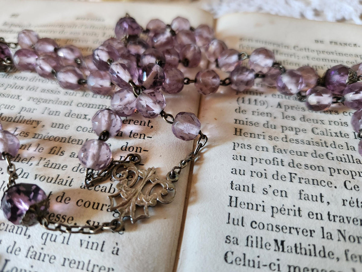 Vintage French Silver Crucifix Rosary Clear purple Glass Beads. Prayer Beads in Leather Pouch.